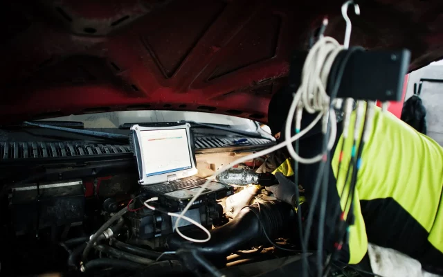 Auto mechanic sets american SUV car for diagnostics and configuration in workshop service station..